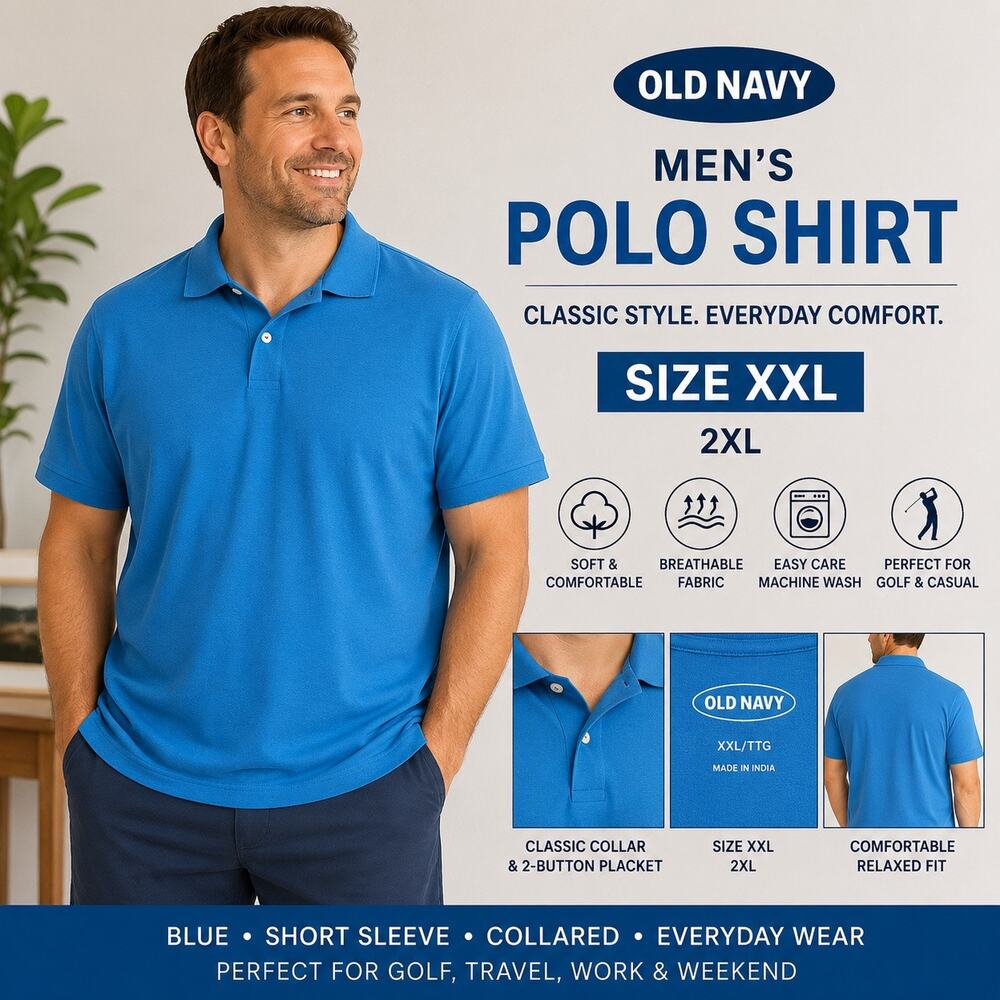 Old Navy Mens Polo Shirt Blue Short Sleeve Collared Golf Casual 2XL XXL